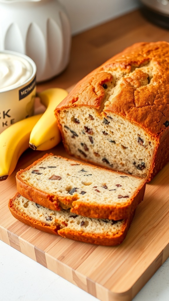 A loaf of moist banana bread sliced on a cutting board, with bananas and Greek yogurt in the background.